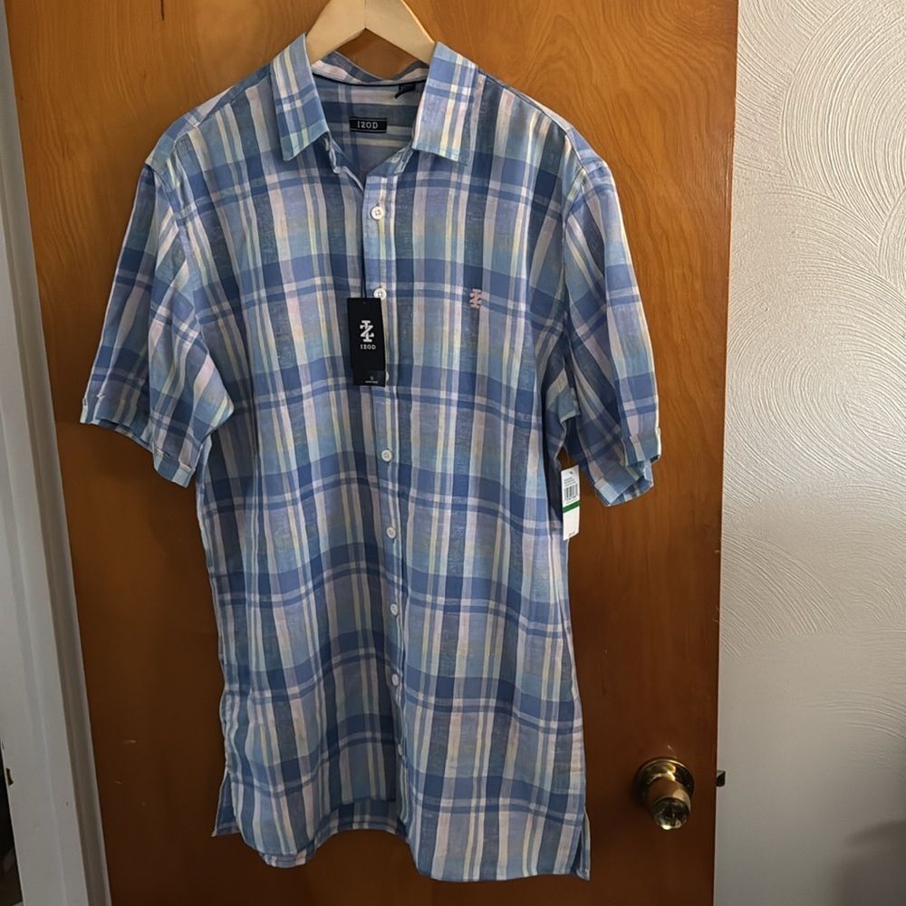 Izod Linen Shirt Mens Large Tall Plaid LT